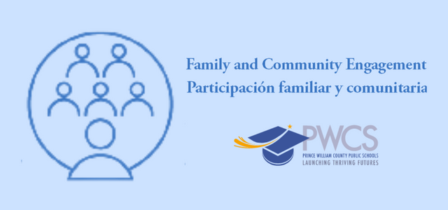 icon with people looking at one person, Prince William County Schools Logo, and the words Family and Community Engagement